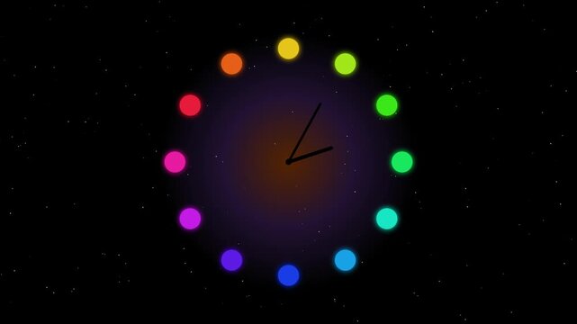 Colorful neon clock face with glowing dots in a circle on a dark starry background 4K Motion Video
