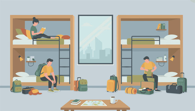 Travelers packing backpacks and reading books in a cozy hostel dormitory room with wooden bunk beds and large window.
