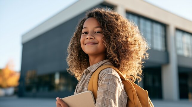 Elementary school girl wearing a simple new backpack, ready for class