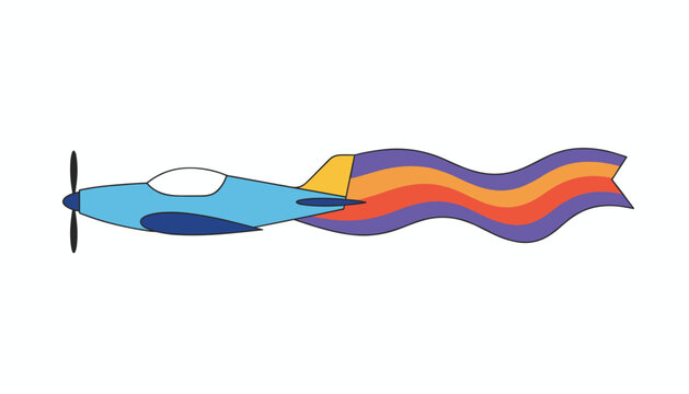 Light blue propeller airplane flying from left to right while pulling a long waving banner with colorful orange, red, and purple stripes.