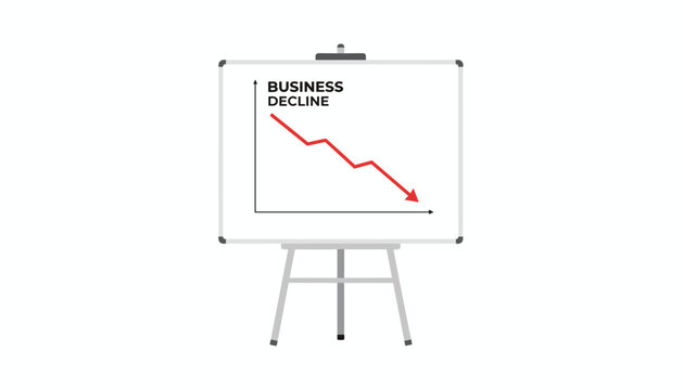 Presentation whiteboard on easel showing a business decline line graph with a red arrow pointing downwards.