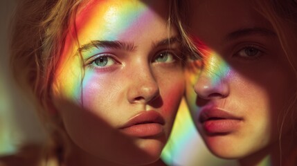 Obraz premium Young female couple portrait with soft rainbow prism light, romantic relationship