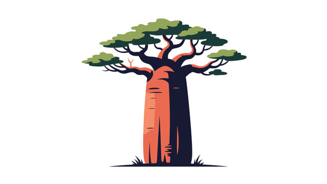 Vector illustration of a majestic African baobab tree with thick trunk and green canopy on a white background.