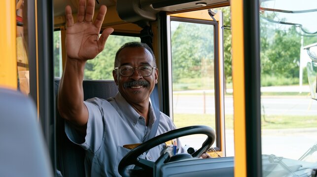 School bus driver waves hello from the cab of the yellow school bus