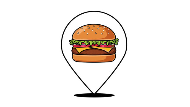 Creative logo concept of a delicious hamburger placed inside a location map pin isolated on a white background.