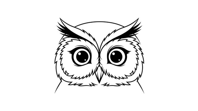Detailed black and white line art illustration of a wise owl face with intense eyes and feathers on a white background.
