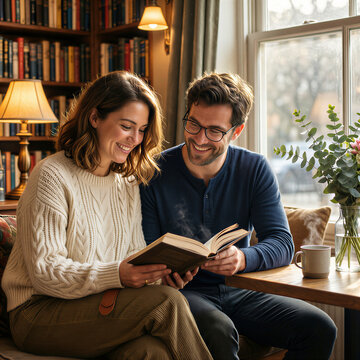 Two joyful people with distinctive features sitting together and sharing quiet contentment while reading a book in a warm sunlit bookstore cafe
