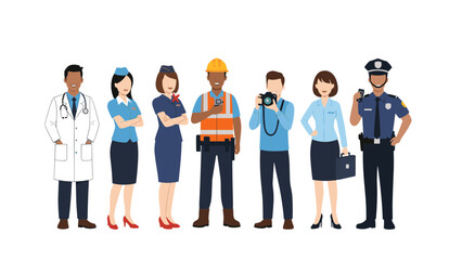 Obraz premium Group of diverse professionals in uniform standing together representing different careers and occupations.