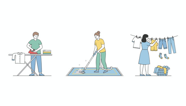 Family members doing daily household chores like ironing clothes, vacuuming carpet floor, and hanging clean laundry outside.