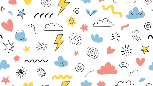 Colorful doodle seamless pattern with cute hand-drawn hearts, stars, clouds, and lightning bolts on white.