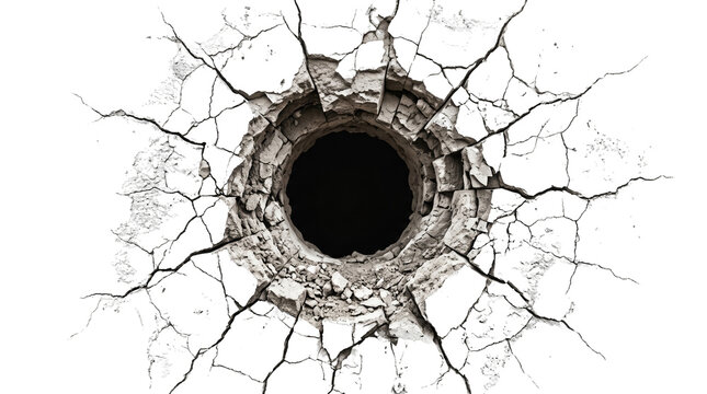 Cracked Hole in Wall with Radiating Fractures, PNG isolated on a transparent background