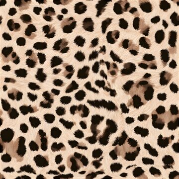 Seamless cheetah print pattern only, small irregular dark brown and black spots on warm cream and sandy beige background.