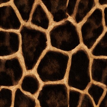 Seamless giraffe print pattern only, organic irregular dark brown geometric patches separated by warm golden tan lines.