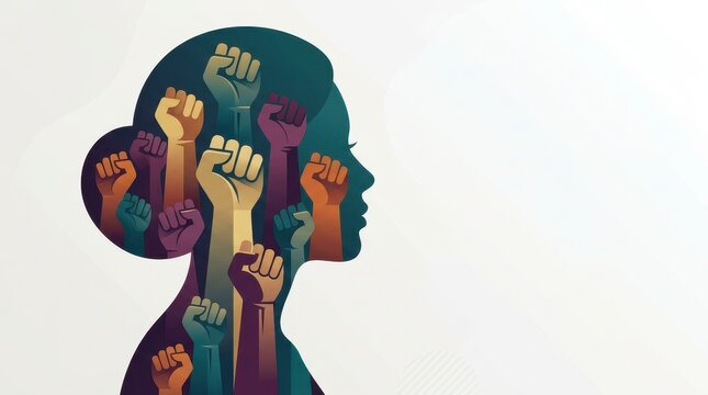 Symbolize Women equality, Empowerment, rights with
Diverse fists raised in unity silhouette illustration