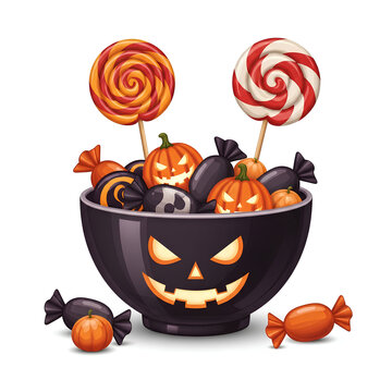 Halloween Candy and Pumpkin Lollipops in JackoLantern Bowl.