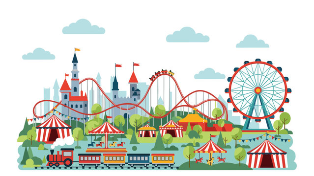 Beautiful amusement park illustration featuring a giant ferris wheel, colorful roller coaster, circus tents, and a train.