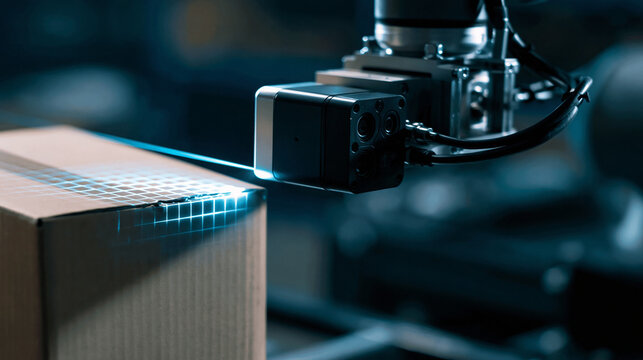 Robotic optical sensor scanning cardboard box in factory. Precision, automated, and high-tech visual for modern logistics and smart manufacturing projects.