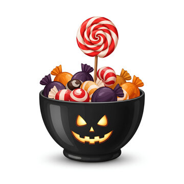 Halloween Candy Bowl with Lollipop and Sweets.