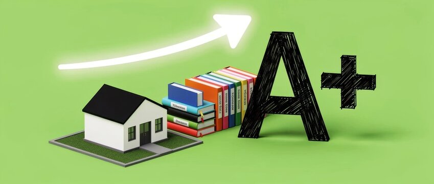 Miniature house model with books and a large A plus grade symbol. Upward white arrow signifies growth and academic success on green background. Education investment concept for school marketing.