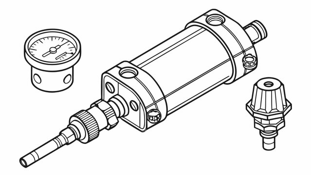 Pneumatic cylinder assembly outline drawing with pressure meter and nozzle