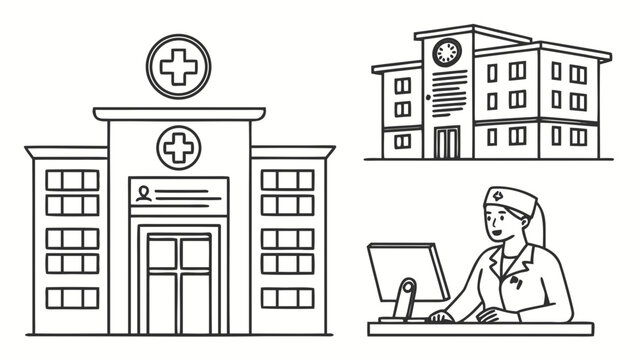 Hospital building school nurse at desk outline vector set with hospital