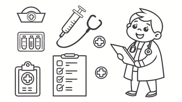 Children medical profession outline elements and nurse character set
