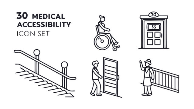 Medical accessibility icons set with stair railing and wheelchair, accessibility