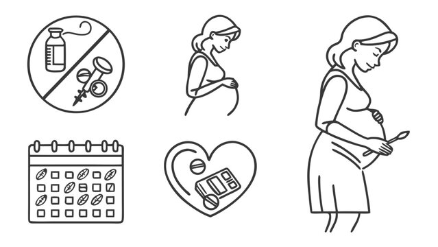 Pregnant woman wellness and prenatal medical checkup icons vector art