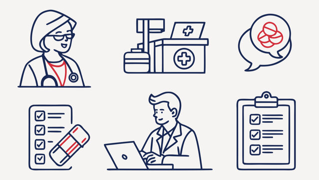 Doctor online consultation and medical checkup icons outline vector