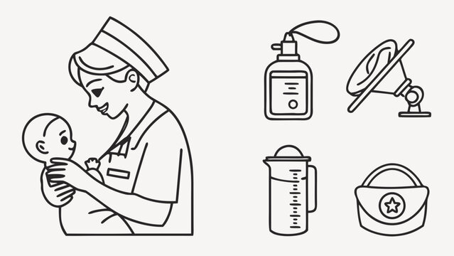 Nurse holding newborn baby medical care line art vector graphic with hospital