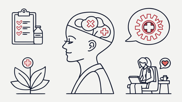 Mental health medical treatment and brain checkup line art concept with wellness