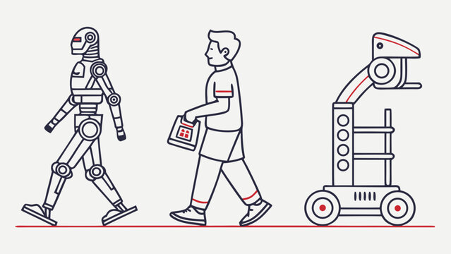 Futuristic humanoid robot and delivery automation vector illustration