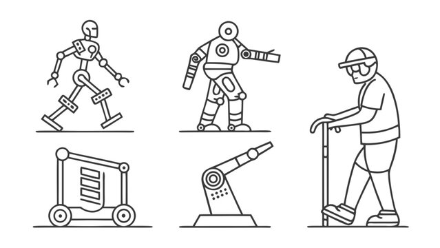 Robotics automation engineering and human assistance line art vector