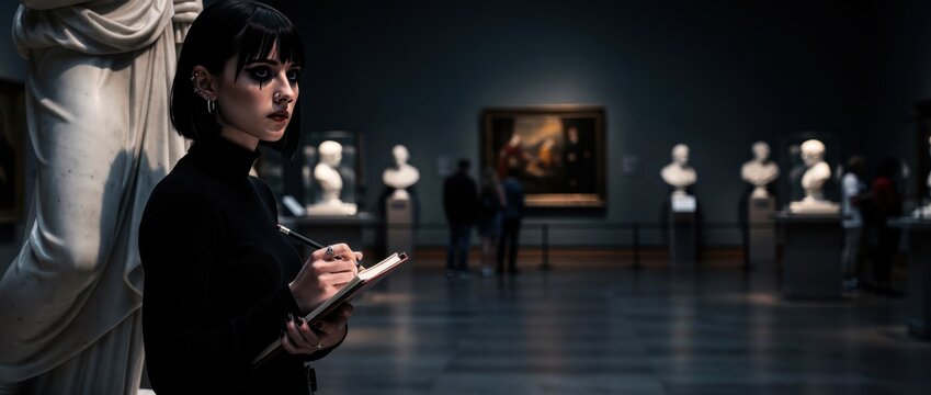 Gothic woman sketching in museum gallery. Artist studying classical sculptures and paintings with sketchbook. Creative inspiration concept for art education and cultural media.