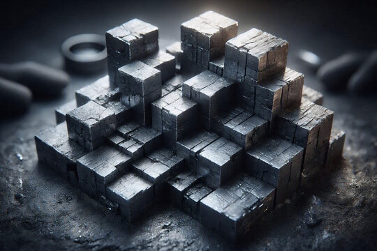 Ultra macro view of metallic galena cubes arranged in repeating stepped geometric crystal structures