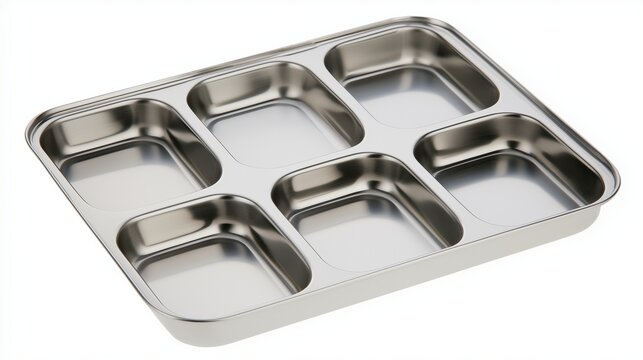 Stainless steel tray with six compartments isolated on white