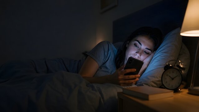 Person using smartphone in bed at night, blue screen glow illuminating face, insomnia, social media addiction, doomscrolling, sleep disruption and digital wellbeing concept in dark bedroom