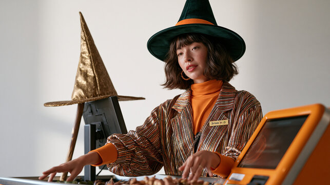 Self checkout assistant standing in a minimalist studio environment demonstrating produce scanning with hands extended toward a barrier while a witch hat and broomstick prop lean