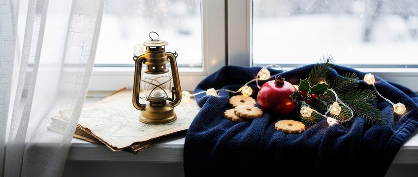Old lantern and winter decorations on a windowsill. Composition includes vintage maps, pomegranate, and cookies against a snowy backdrop. Hygge lifestyle concept for seasonal marketing campaigns.