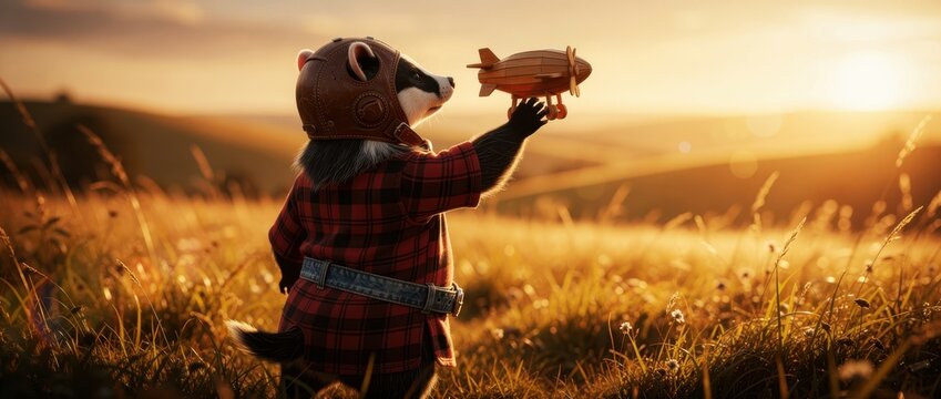 Badger pilot holding a wooden toy airplane in a golden sunset field. Anthropomorphic animal wearing a vintage aviator helmet and flannel shirt. Imagination and dream concept for creative marketing.