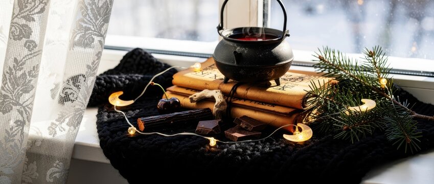 Black steaming cauldron on ancient spell books by a window. Still life features chocolate, moon lights, and pine branches. Mystical winter concept, ideal for witchcraft and fantasy themes.