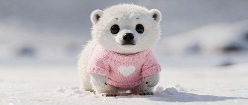 Cute baby polar bear cub wearing a pink sweater with a heart in snow. Fluffy animal character in bright winter landscape. Adorable wildlife concept for cards and seasonal marketing.