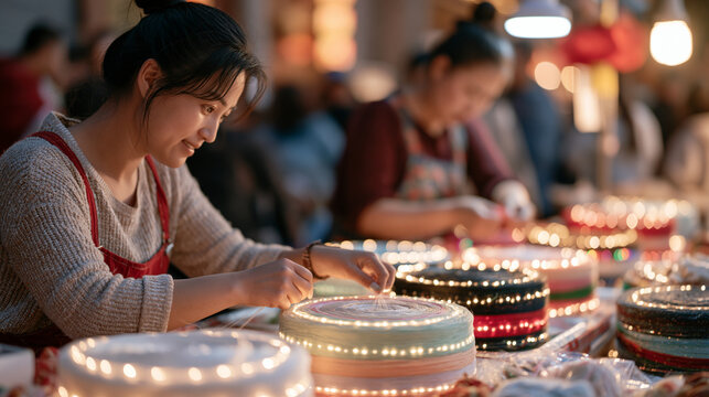 Silk farming workers sorting cocoon batches at a vibrant outdoor market stall as bonfire night crowds pass behind them and firework afterglow lights the sky reflecting off the