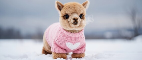 Naklejka premium Cute baby alpaca wearing a pink knitted sweater standing in the snow. Adorable fluffy animal in winter landscape with visible breath. Whimsical winter wildlife concept for holiday marketing.