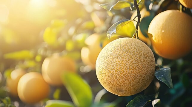 Ripe cantaloupe fruits on a tree branch