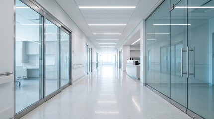Fototapeta premium Modern hospital hallway featuring sterile bright lighting and glass partition doors for medical facility corridor showcasing clean clinical healthcare workspace.