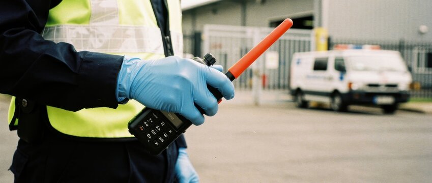 Security officer in high-visibility vest holding a walkie-talkie with blue nitrile gloves. Guard monitoring a facility with a service vehicle nearby. Public safety and professional communication.