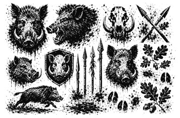 Obraz premium Wild boar and spear illustrations black ink animal heads, skulls, spears, leaves, and hoof prints set