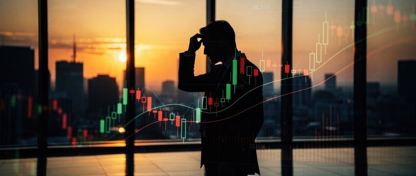 Silhouette of stressed businessman with stock charts at sunset. Investor facing market volatility in modern office. Economic crisis concept for financial risk and investment failure marketing.