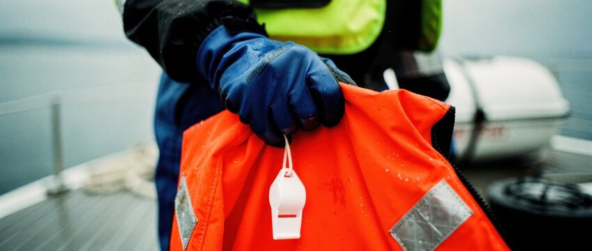 Person in waterproof gloves holding an orange life jacket with a white whistle. Close-up of maritime safety equipment on a boat deck. Marine rescue concept for boating safety and emergency marketing.